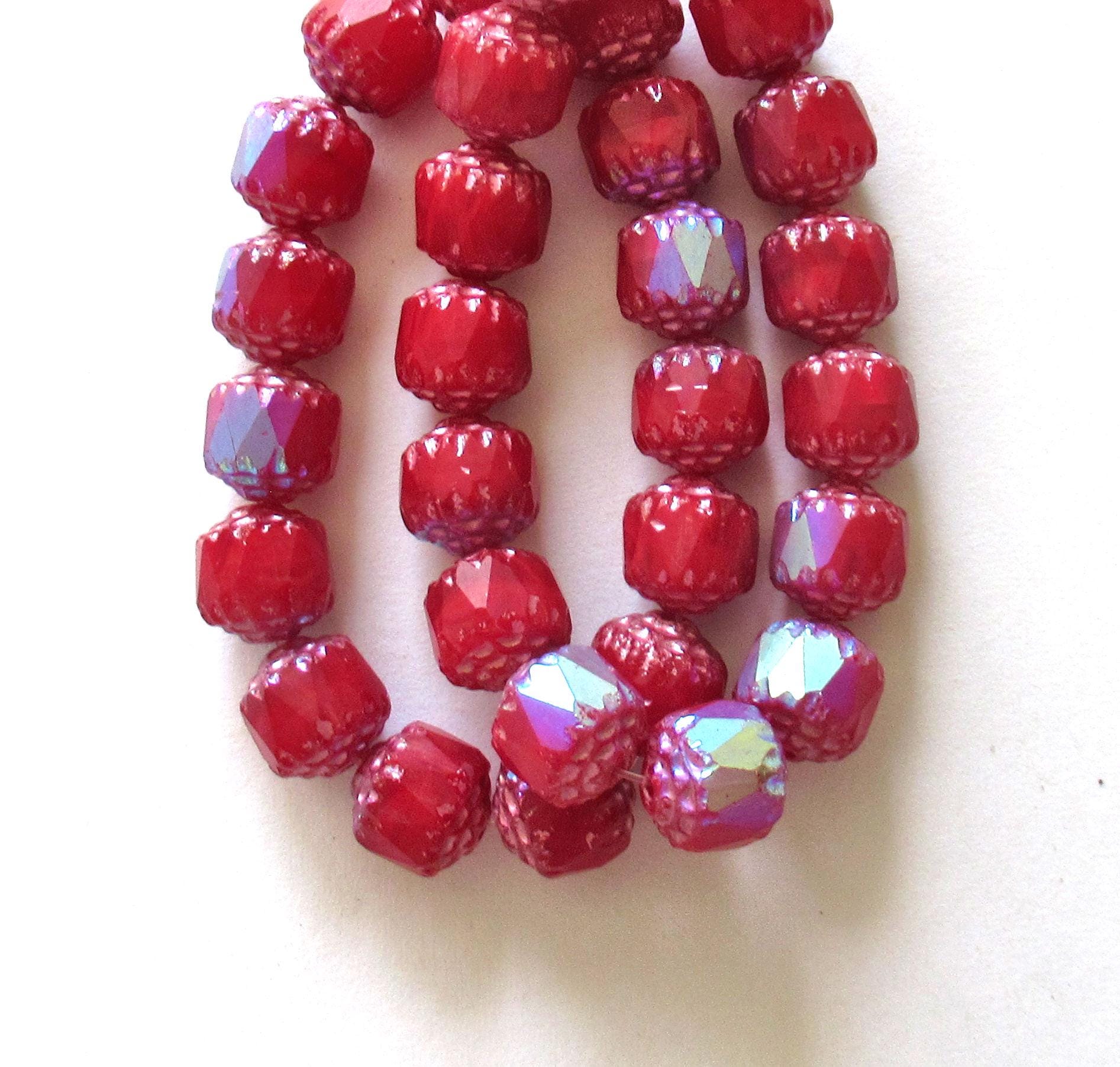 Lot of 15 8mm Czech glass cathedral beads - opaque red w/ AB accents - faceted fire polished antique cut beads C00761