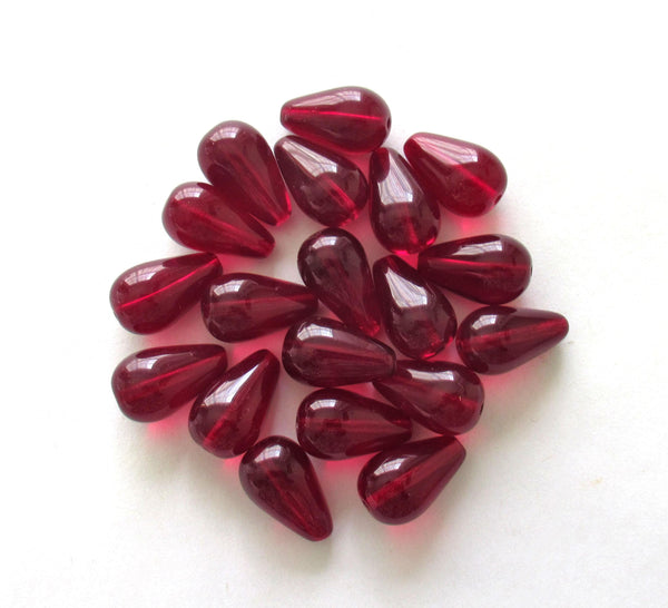 Ten large Czech glass teardrop beads - 11 x 18mm light garnet red pressed glass drops C0046