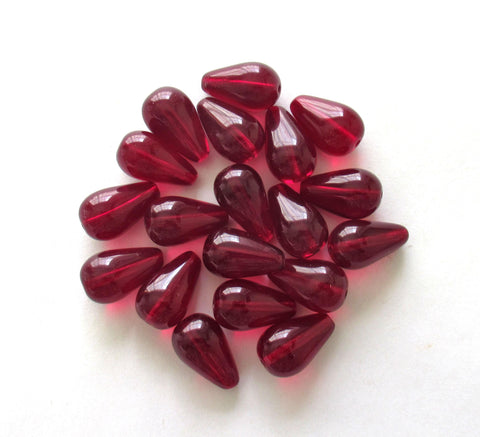 Ten large Czech glass teardrop beads - 11 x 18mm light garnet red pressed glass drops C0046