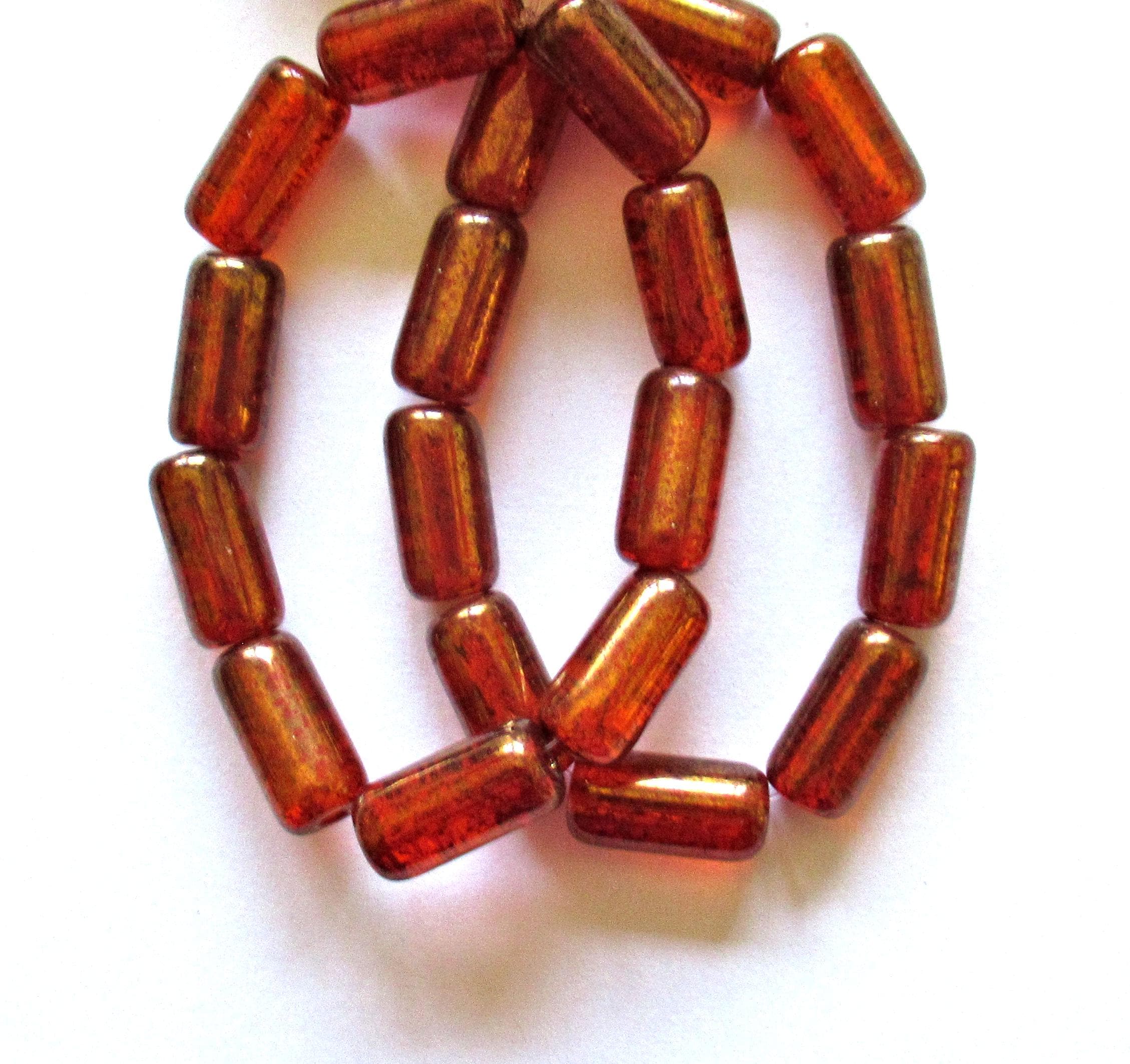 Ten Czech glass tube beads - light red w/ gold luster finish & big 2mm holes - 7 x 14mm - C00361