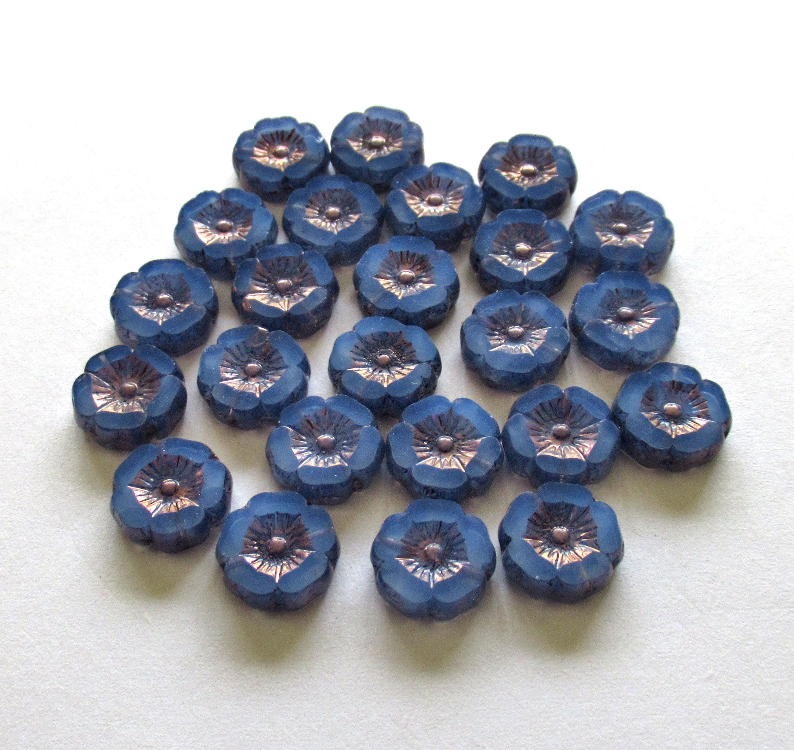 Czech glass flower beads - 12mm - milky blue opal w/ purple bronze accents - table cut carved - Hawaiian hibiscus flowers - 8 beads - C0822
