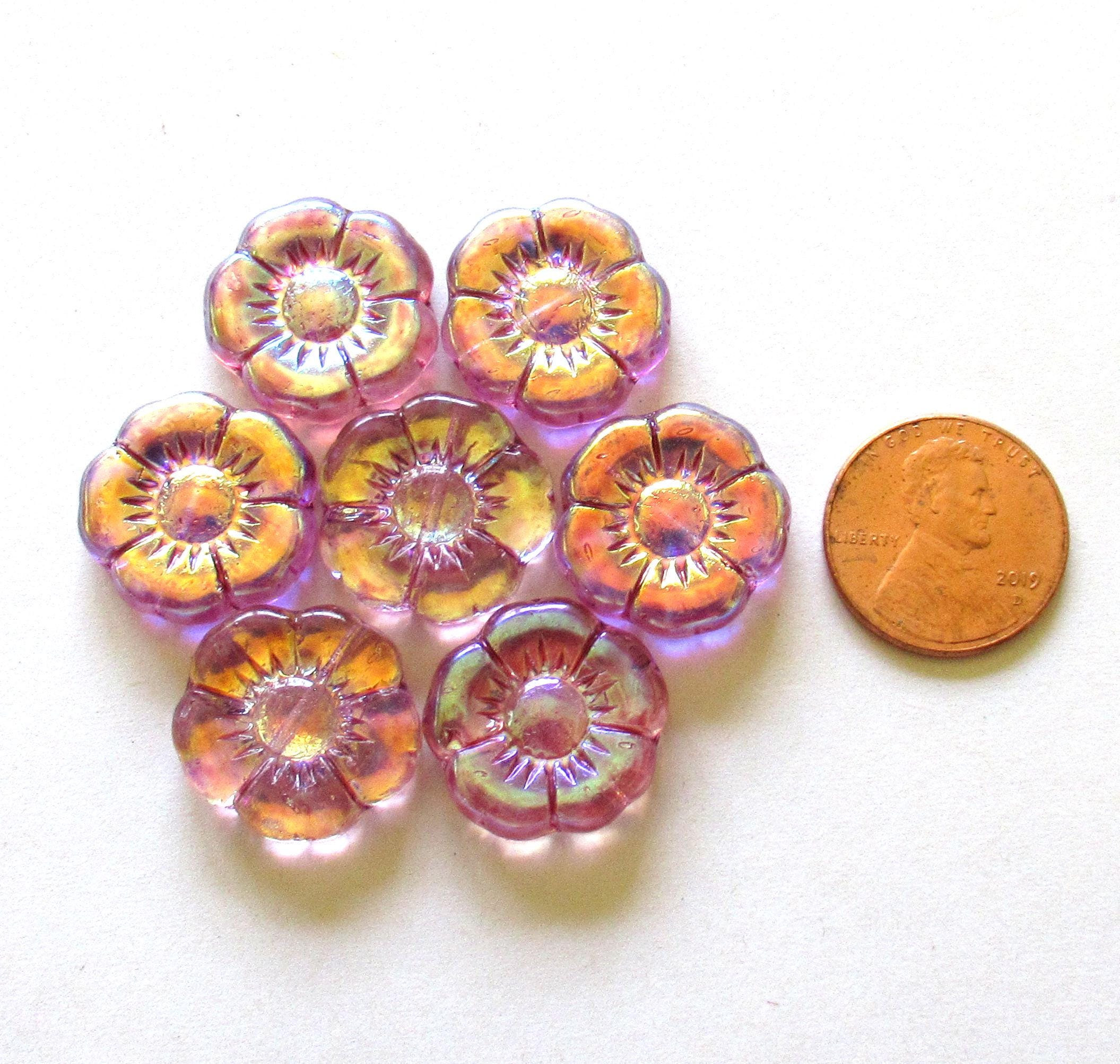 4 large Czech glass flower beads - light amethyst purple w/ ab AB finish on one side - 18mm - 00921