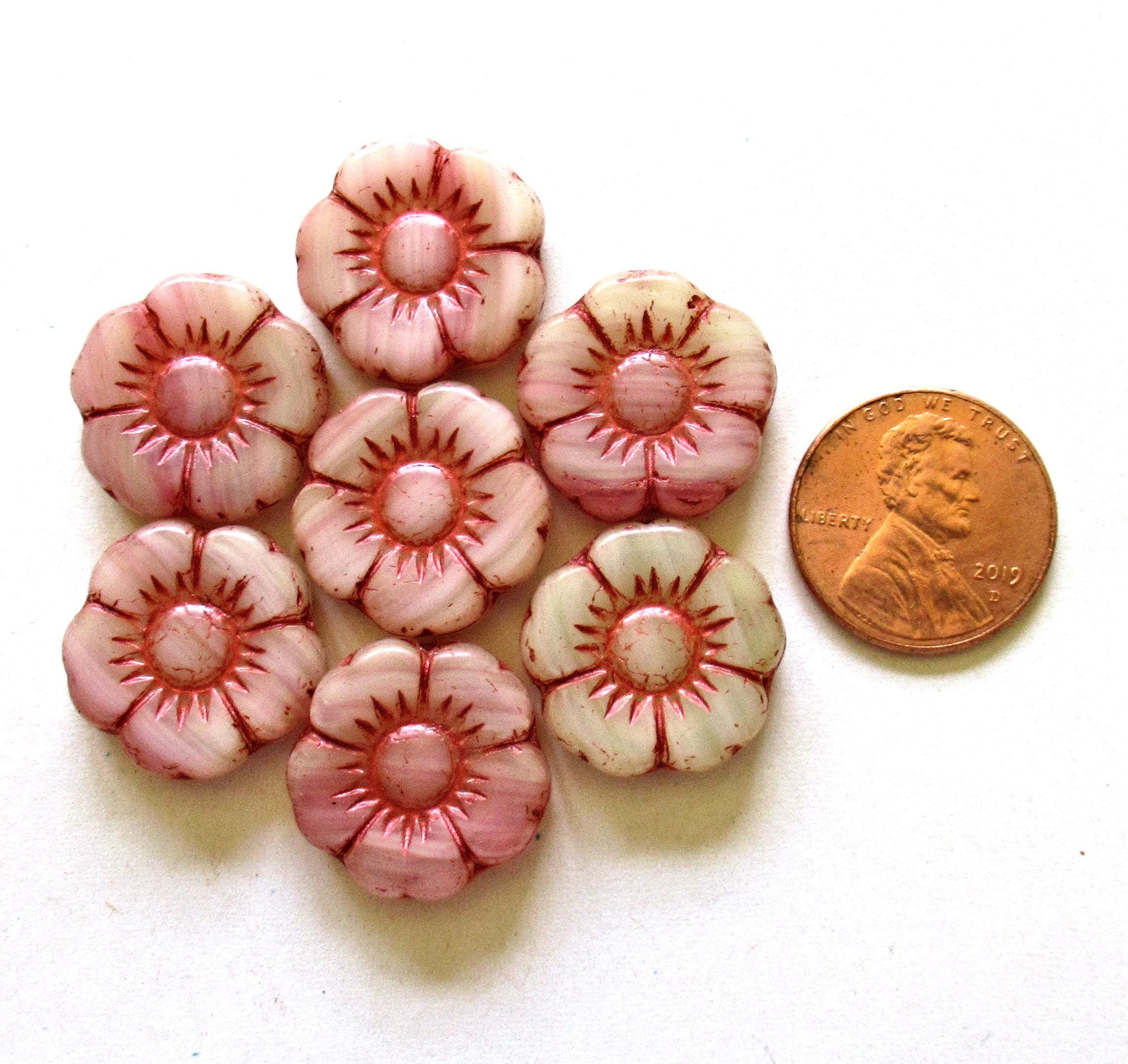 4 large Czech glass flower beads -marbled off white & pink w/ a pink wash - 18mm - 00031