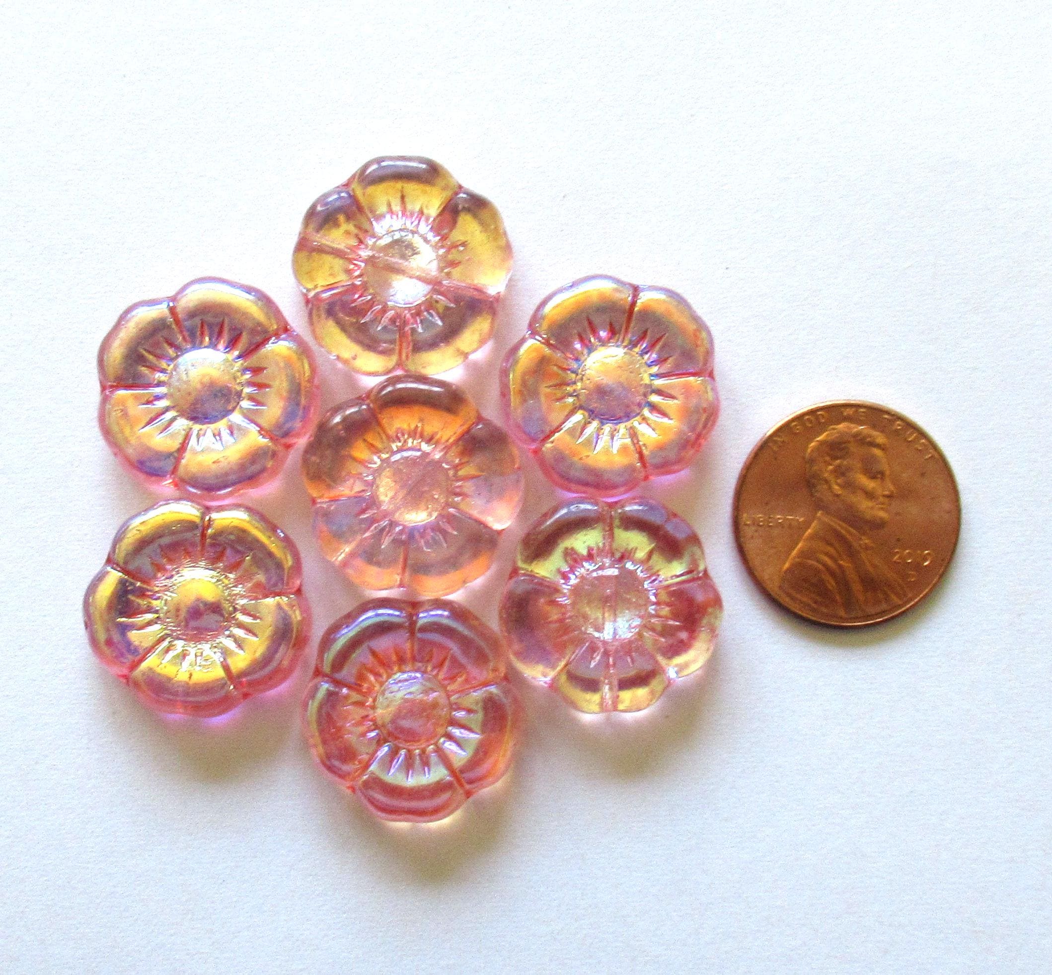 4 large Czech glass flower beads - pink w/ ab AB finish on one side - 18mm - 00921