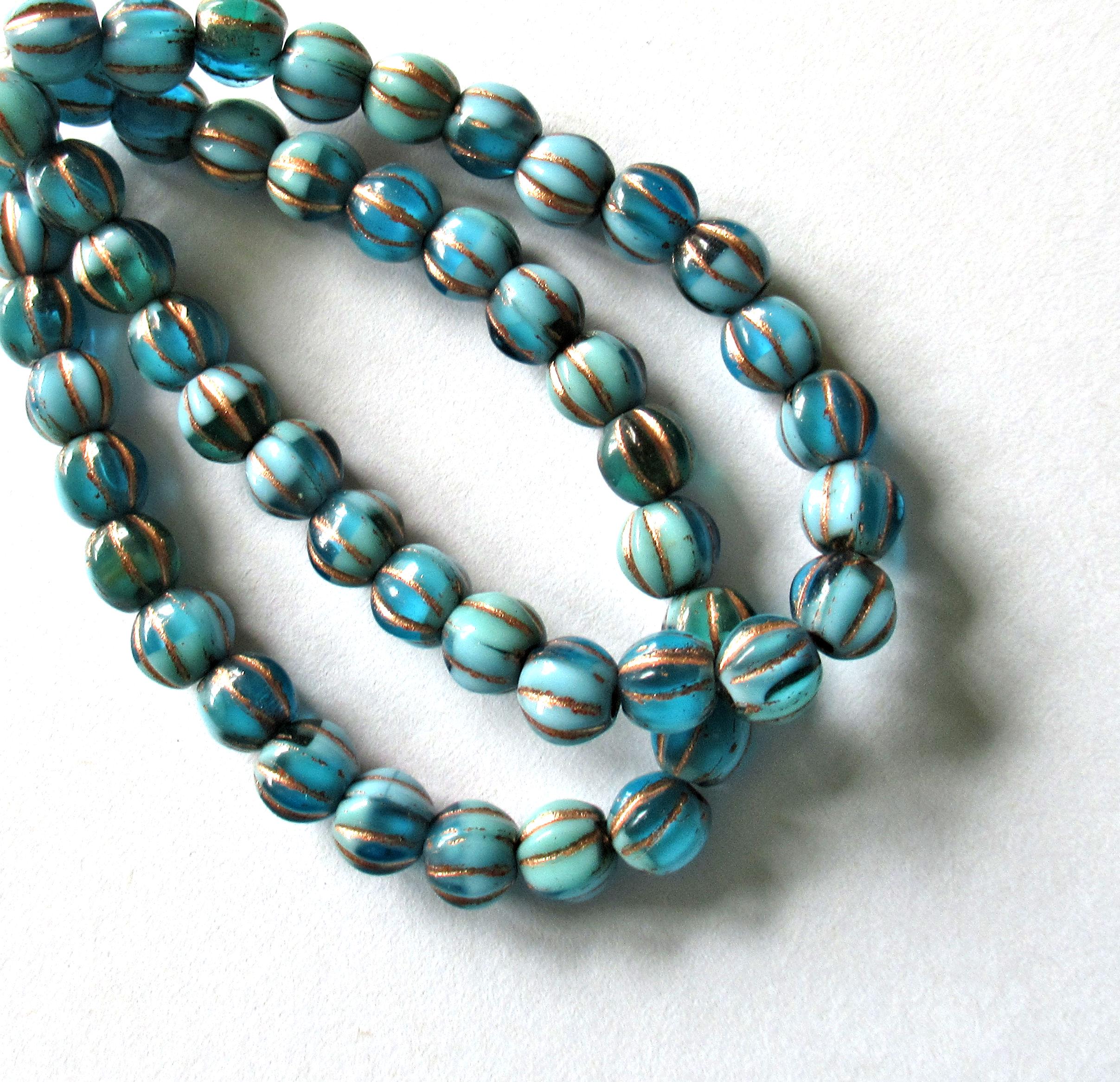 25 Czech glass big hole melon beads - 6mm - opaque & transparent blue with bronze accents - C00601