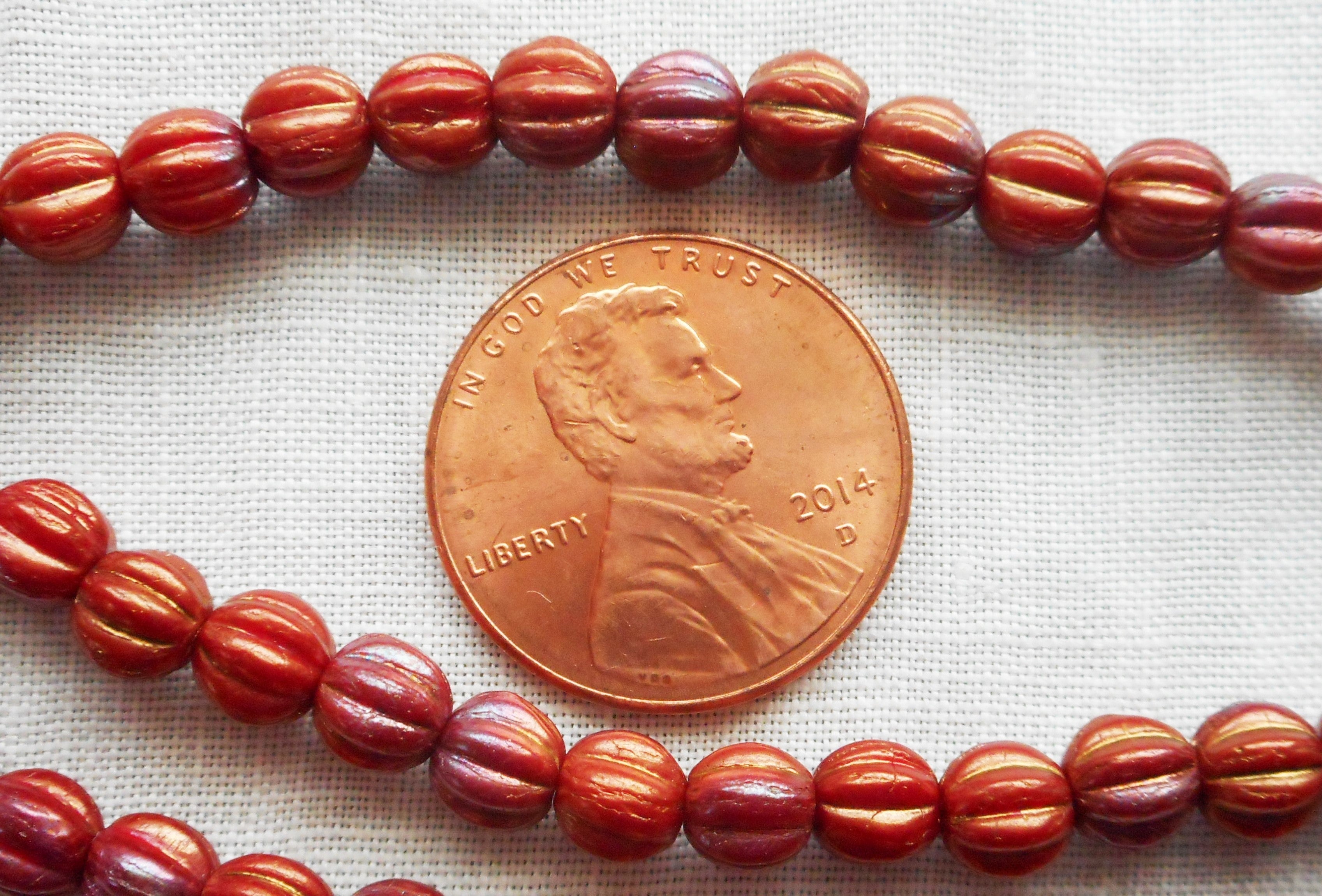 Fifty 5mm Bronze Luster Iris Opaque Red melon beads, Czech pressed glass beads C33150