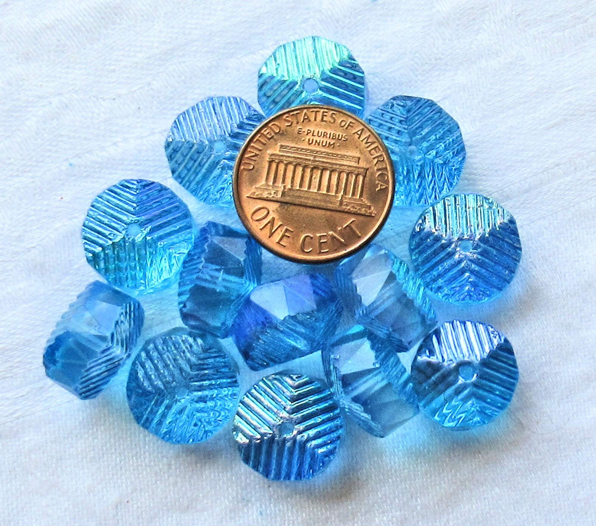 Six Czech glass faceted wavy rondelle beads - large 14 x 6mm aqua blue AB chunky rondelles - C38101