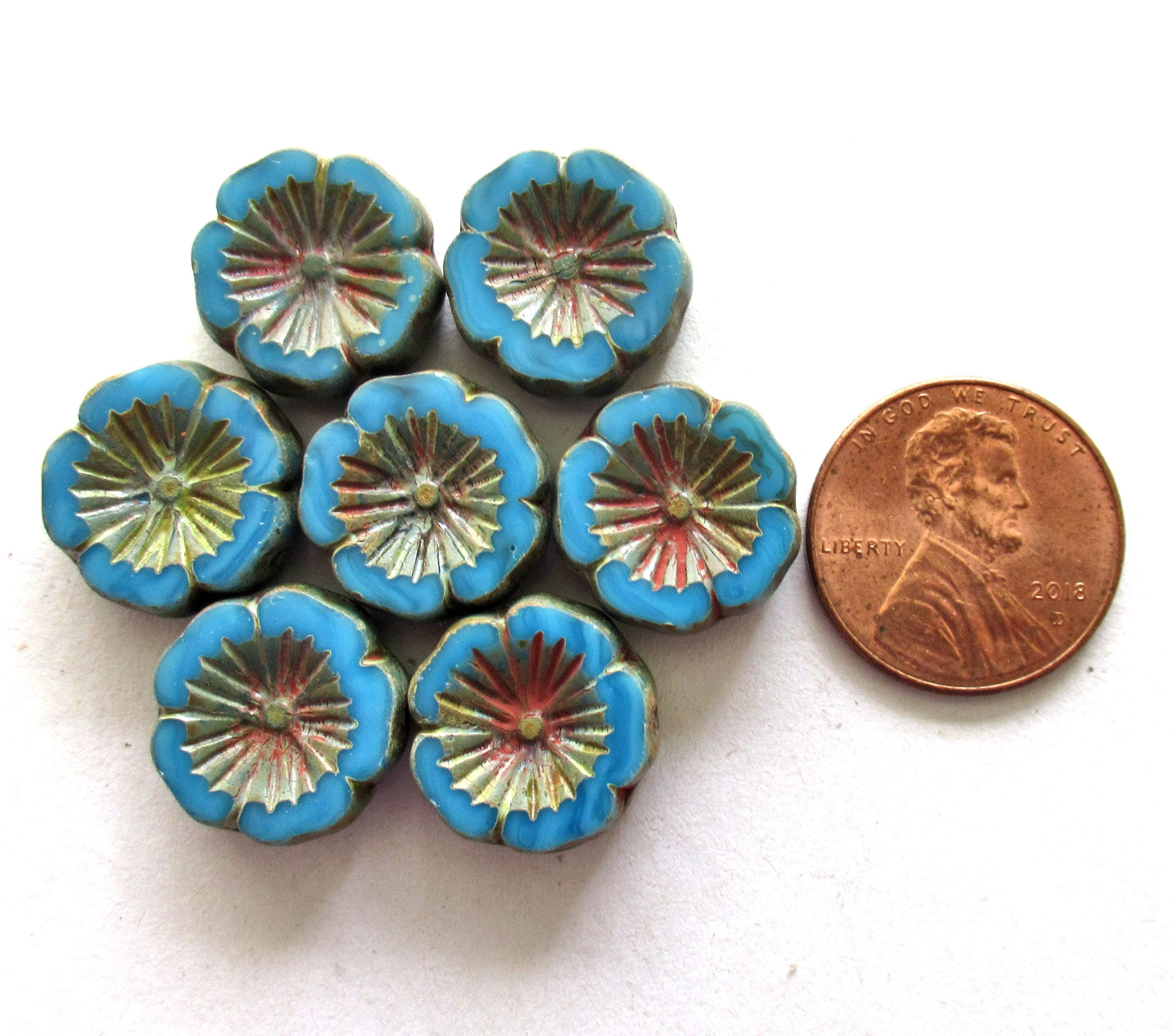 Six 14mm Czech glass flower beads - opaque bright blue Hawaiian hibiscus flower beads with a picasso finish- table cut carved beads - C00241