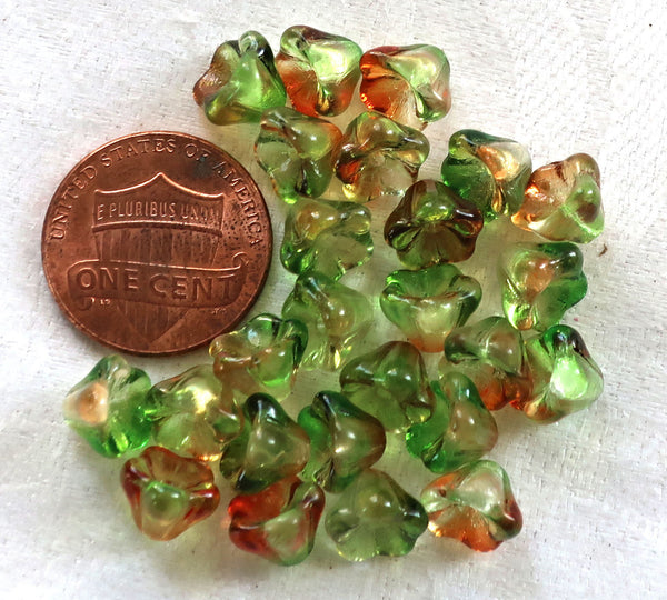 Lot of 25 8mm x 6mm Peach / Pear, orange & green Bell Flower Czech glass beads, multicolor pressed glass beads C5701 - Glorious Glass Beads