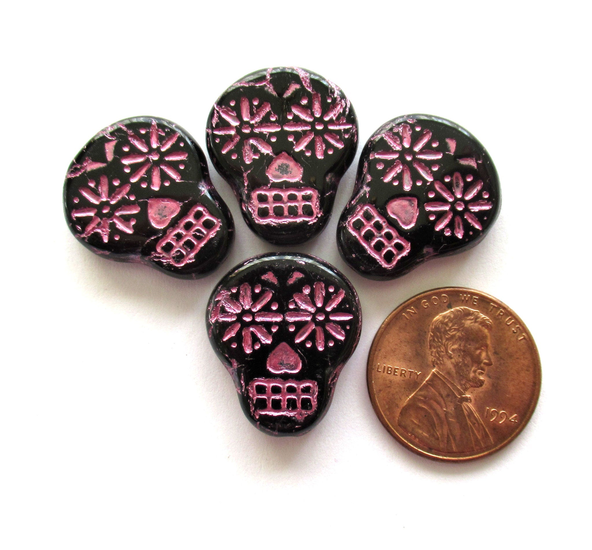 Four large black & pink Czech glass skull beads - opaque black glass with a pink wash - focal beads - 20mm x 17mm C00331