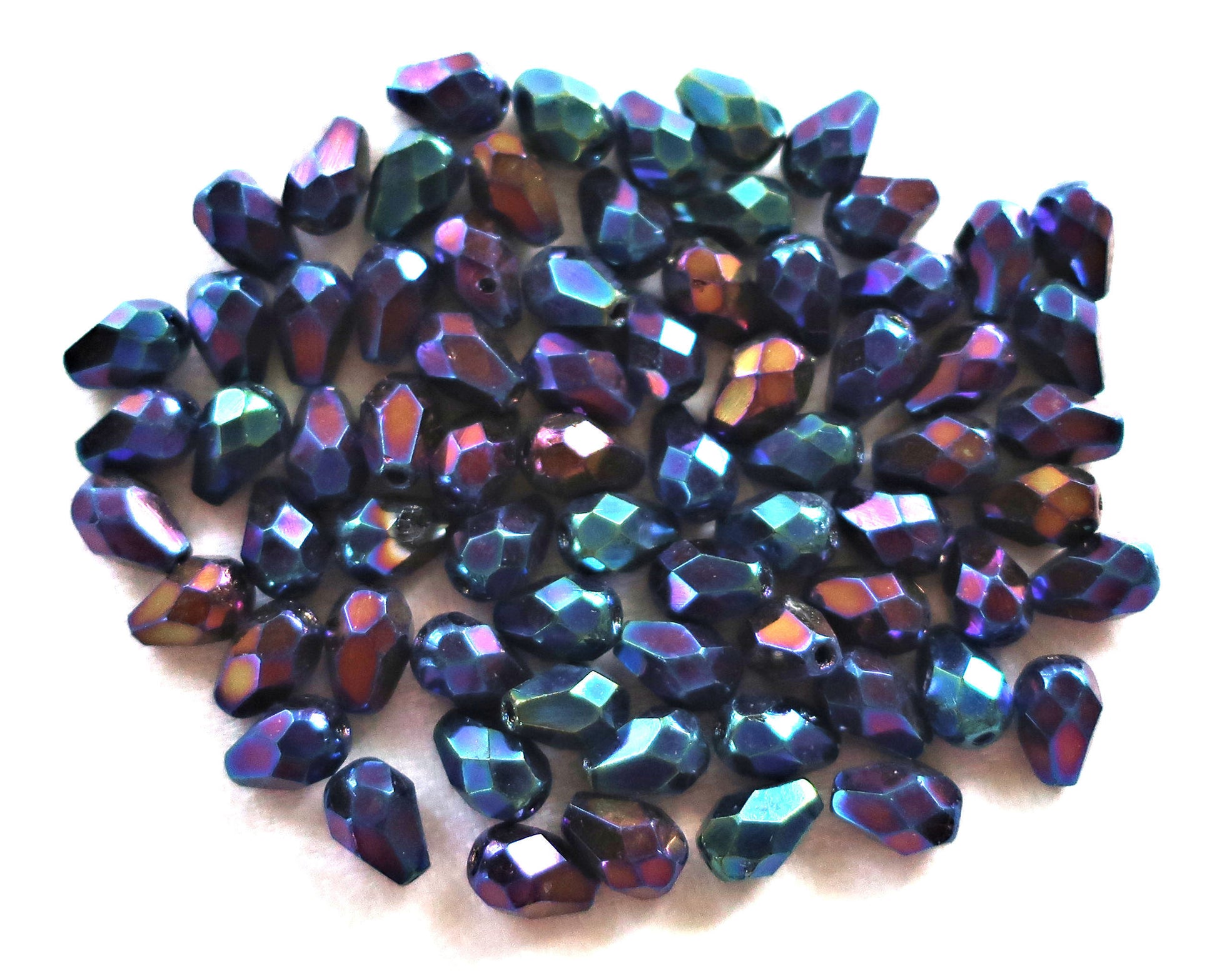 Lot of 25 7 x 5mm Blue Iris teardrop Czech glass beads, faceted firepolished beads C3601 - Glorious Glass Beads