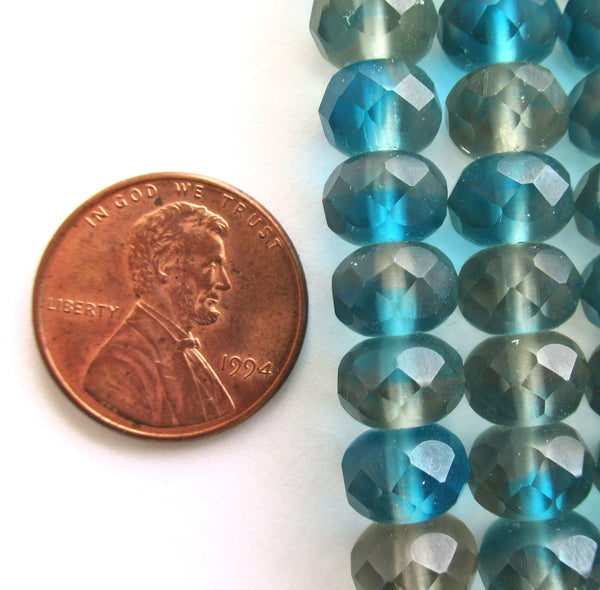 25 faceted Czech glass puffy rondelle beads - 6 x 9mm transparent matte aqua blue & gray mix rondelles 00522