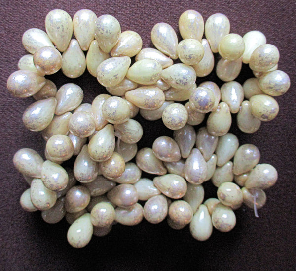 Lot of 25 Czech glass drop beads - opaque off white with a silvery mercury finish - smooth teardrop beads - 9 x 6mm C60101