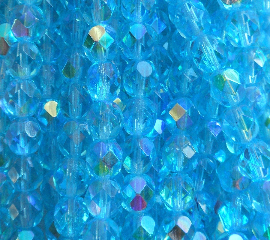 25 6mm Aqua, Aquamarine, blue AB Czech glass beads, faceted fire polished round beads C8401