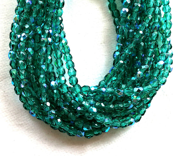 Lot of 50 3mm Emerald Green AB Czech glass beads, faceted, round, firepolished beads C7401 - Glorious Glass Beads