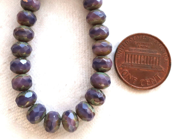 Lot of 25 Czech glass faceted puffy rondelle beads, 5 x 7mm opaque purple, amethyst with pink mix, & picasso finish rondelles C00201
