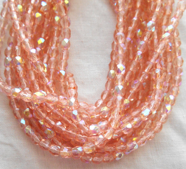 50 4mm Czech glass beads, Pink AB, firepolished, faceted round beads C2750 - Glorious Glass Beads