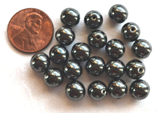 Lot of 25 8mm Chech glass druks, smooth round Hematite druk beads, C9625 - Glorious Glass Beads