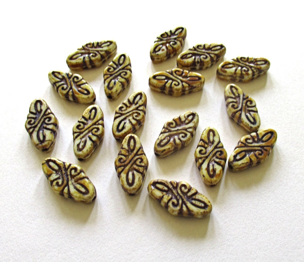 8 Czech glass arabesque beads - 9 x 19mm off white diamond shaped engraved beads with a full picasso coat & apurple wash - C0007