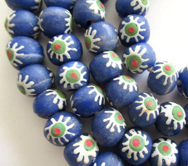 Lot of 8 African Ghana Krobo round recycled glass flower beads - blue beads with white flowers - 11-12mm - big hole rustic beads - C00501