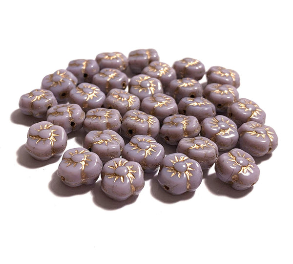 Twenty 9mm Czech pansy flower beads - opaque light purple or amethyst flower beads with gold accents - C0331