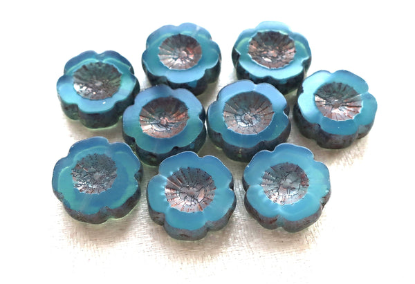 Six 14mm table cut, carved, Czech glass flower beads. translucent ultramarine blue opal with a bronze picasso finish, Hawaiian flowers C8901 - Glorious Glass Beads