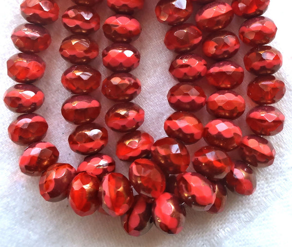 Lot of 25Czech glass puffy faceted rondelle beads, 5 x 7mm opaque & transparent bright coral red picasso rondelles, C00201 - Glorious Glass Beads