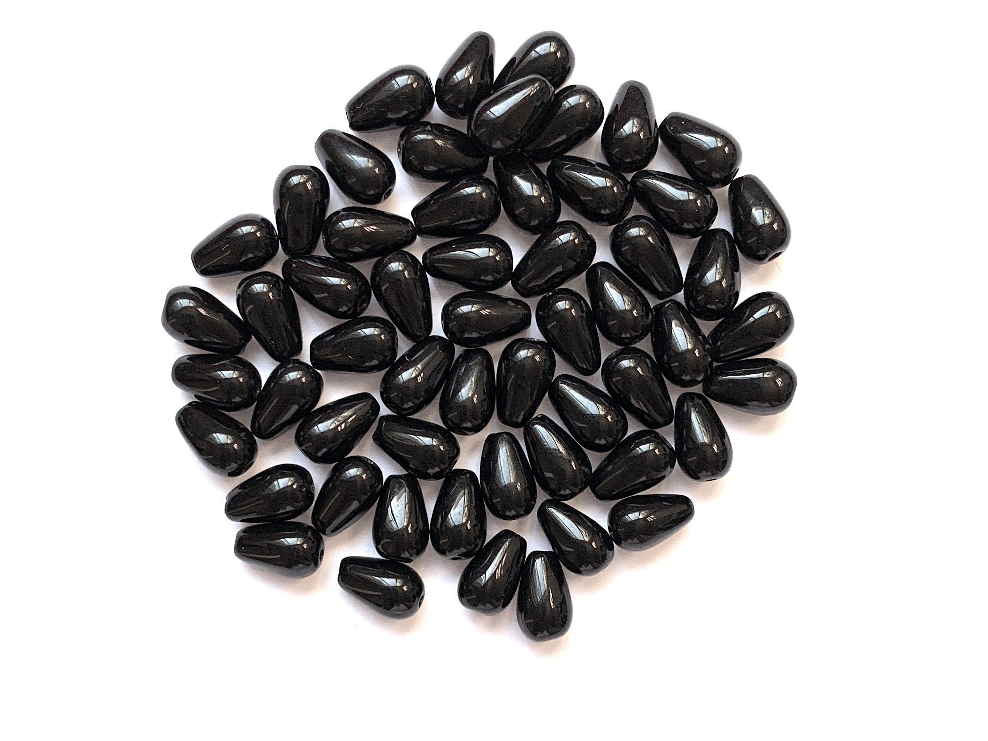 Lot of 25 10 x 6mm Czech glass jet black teardrop beads - center drilled smooth drop beads C0064