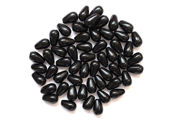 Lot of 25 10 x 6mm Czech glass jet black teardrop beads - center drilled smooth drop beads C0064