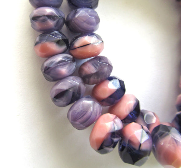 25 Czech glass puffy rondelle beads - 6 x 9mm, opaque amethyst / purple & pink color mix faceted rondelles, bronze picasso finish 00662