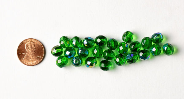 25 8mm Emerald Green AB faceted, round, fire polished glass beads C0056