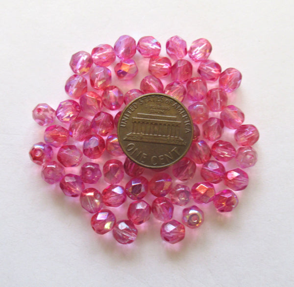 25 6mm czech glass beads - bright pink ab faceted fire polished beads - 0037