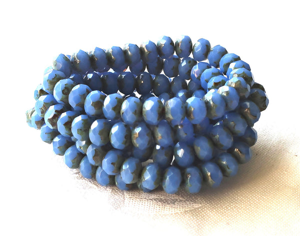 lot of 25 Czech glass faceted puffy rondelle beads, Opaque Cornflower Blue blue Picasso 6 x 8mm rondelles 00301 - Glorious Glass Beads