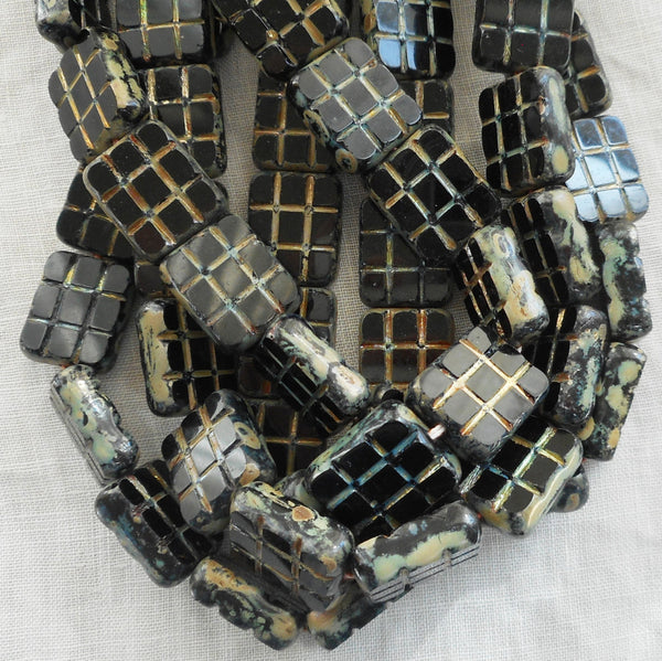 Five large 15 x 13mm jet black picasso, rectangular table cut beads - square, carved picasso one hole rectangle beads, Czech glass beads C1111 - Glorious Glass Beads