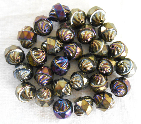 Ten 11 x 10mm Czech Brown Iris turbine, cathedral, saturn beads, brown multicolored iridescent Czech glass beads C8410