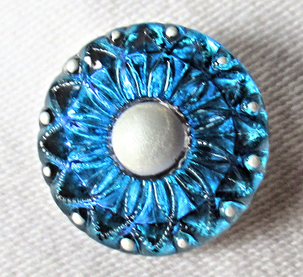 One 18mm Czech glass flower button, aqua blue sunflower with matte silver accents, decorative floral shank buttons 56101