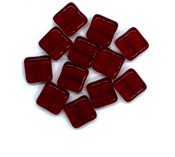 Twenty 9mm square Czech glass beads - light garnet red pressed glass beads C0026