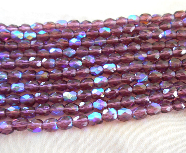 Lot of 50 4mm Czech glass amethyst purple AB beads, firepolished faceted round glass beads C0017