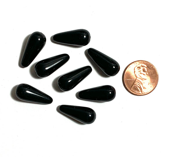 Six large Czech glass teardrop beads - 20 x 9mm jet black drop or pear beads - C0004