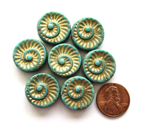 Four 18mm large Czech glass snail fossil beads - opaque turquoise green with a gold wash - earthy, rustic coin, disc focal beads C00661