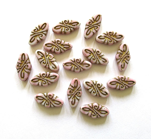 8 Czech glass arabesque beads - 9 x 19mm opaque pink & white diamond shaped engraved beads with a gold wash - C00211