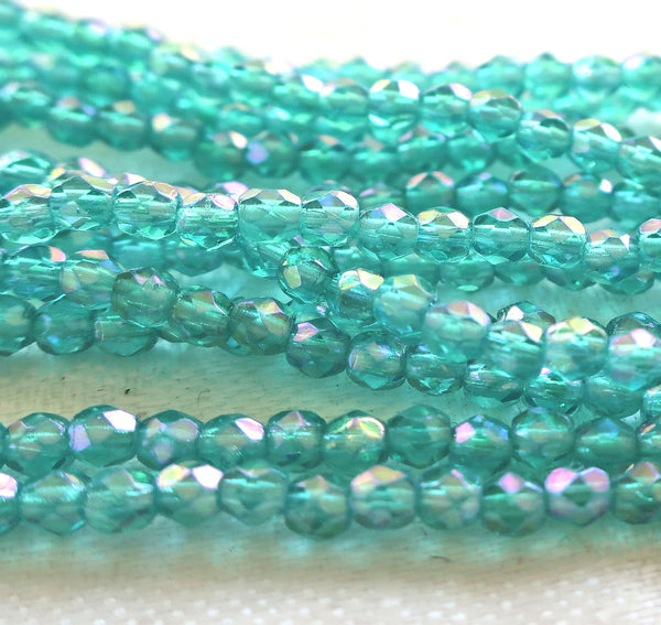 Lot of 50 3mm Czech Luster Iris Teal, Blue Green AB glass beads, firepolished, faceted, round beads, C8450 - Glorious Glass Beads