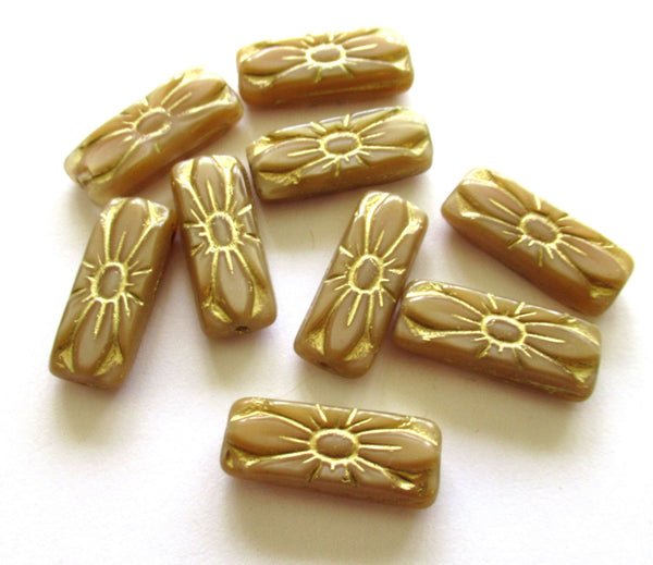 Five 20 x 8mm Czech glass beads - rectangular flower tube beads - rectangle beads - opaque beige with gold accents beads - C3801