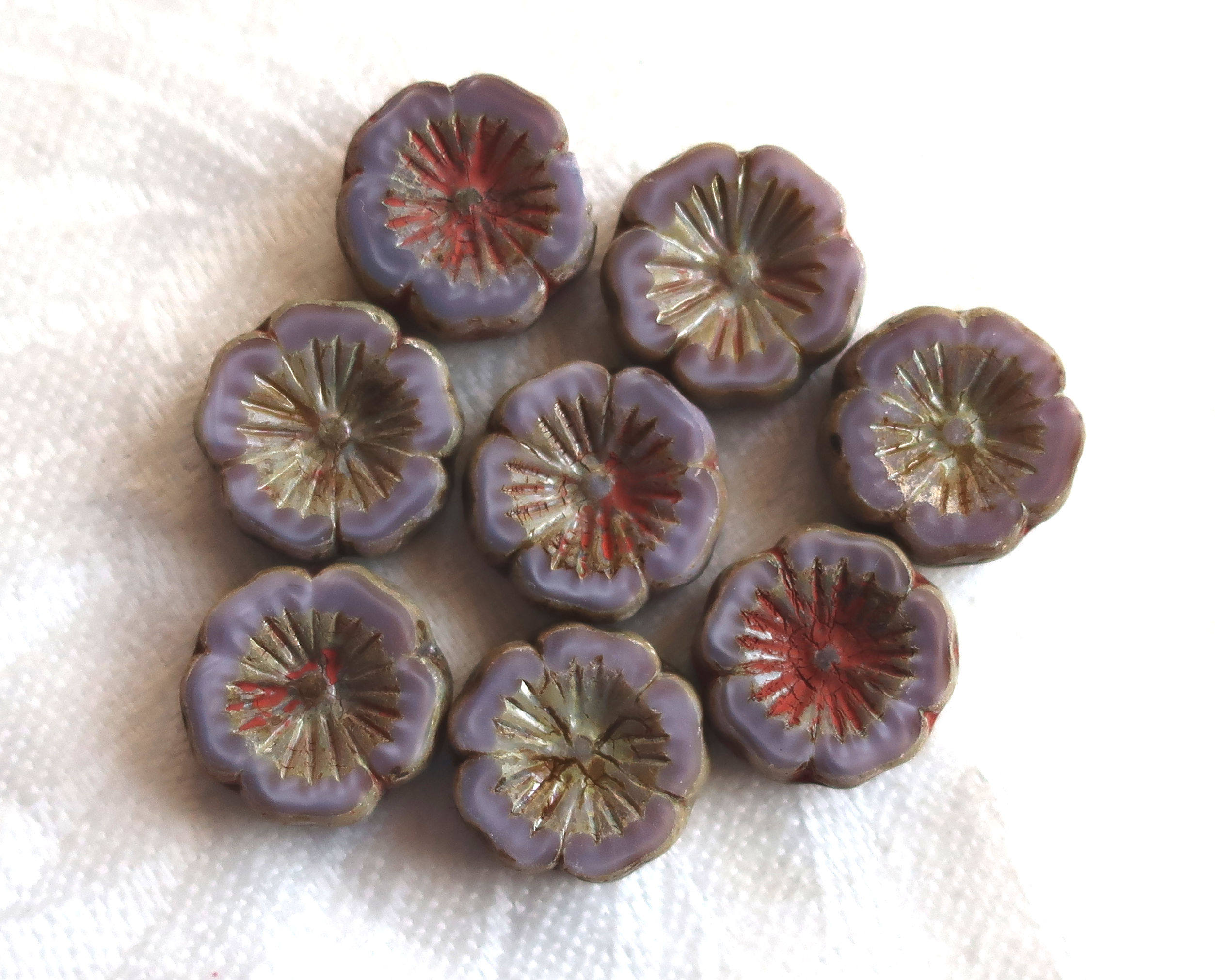 Six 14mm table cut, carved, opaque milky purple, lavender, lilac with red picasso accents Czech glass hibiscus Hawaiian flower beads, C62106 - Glorious Glass Beads