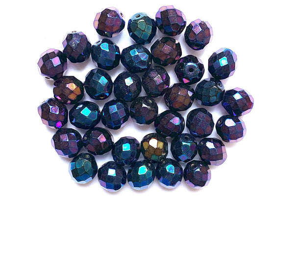 Twenty Czech glass fire polished faceted round beads - 10mm blue iris beads C0057