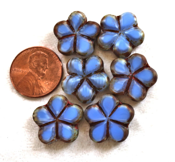 Lot of five 17mm table cut, carved,opaque, denim blue & picasso Czech glass flower beads C53105 - Glorious Glass Beads