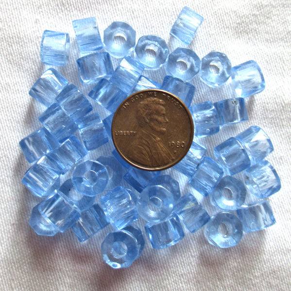 Lot of 25 9mm Czech faceted glass pony or roller beads - transparent light sapphire blue large hole crow beads