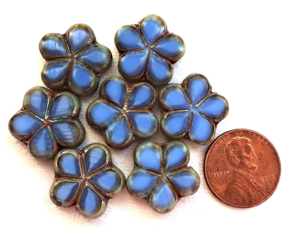 Lot of five 17mm table cut, carved,opaque, marbled denim blue with silver picasso accents, Czech glass flower beads C51105 - Glorious Glass Beads