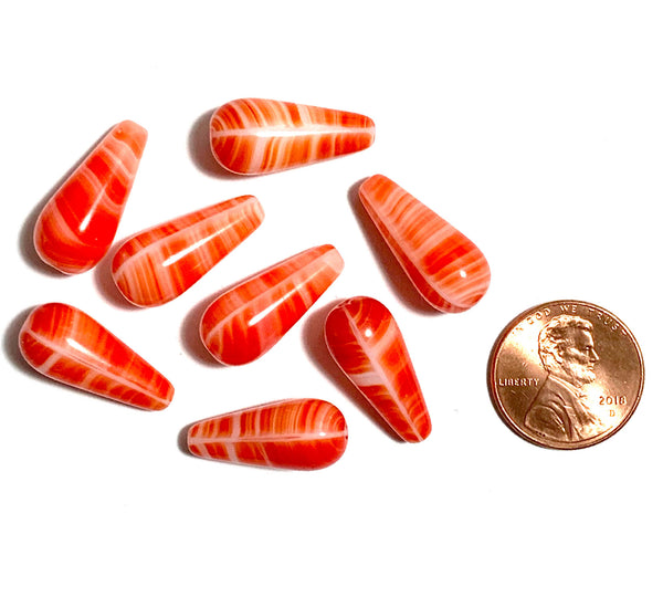 Six large Czech glass teardrop beads -  9 x 20mm red / orange and white striped drop or pear beads - C0056