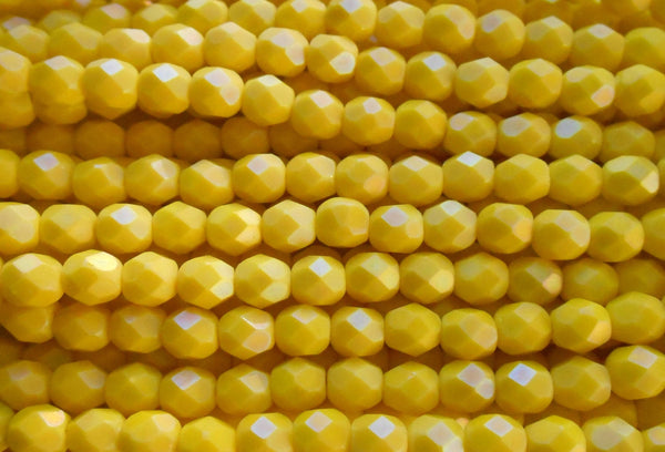 25 6mm Matte Luster Iris Custard Yellow Czech glass beads, opaque bright yellow firepolished, faceted round beads, C0725